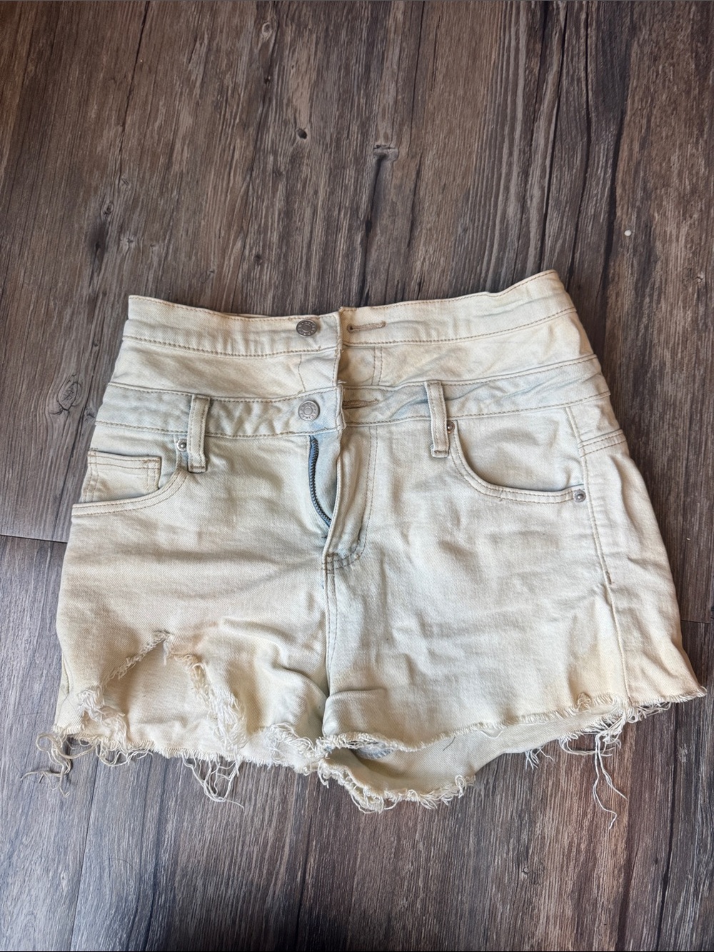 AKIRA Cream Distressed High-Waist Denim Shorts